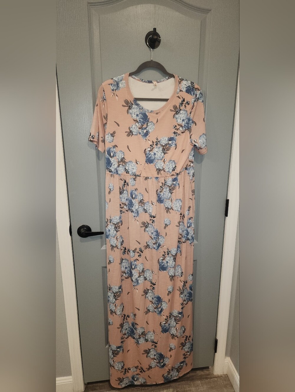 Bellamie Peach Maxi Dress with Blue Floral Print